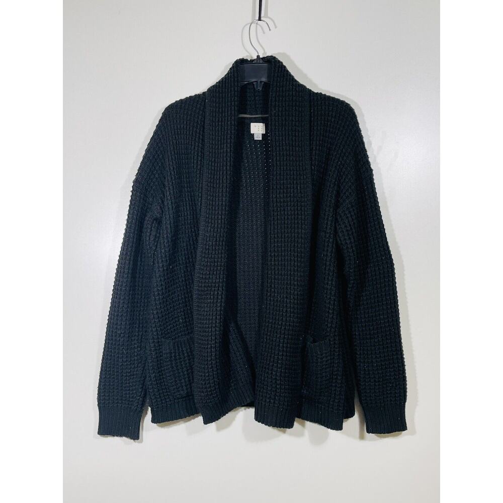 A New Day Black Chenille Knit‎ Cardigan Sweater Sz Large Open Draped 2 Pockets